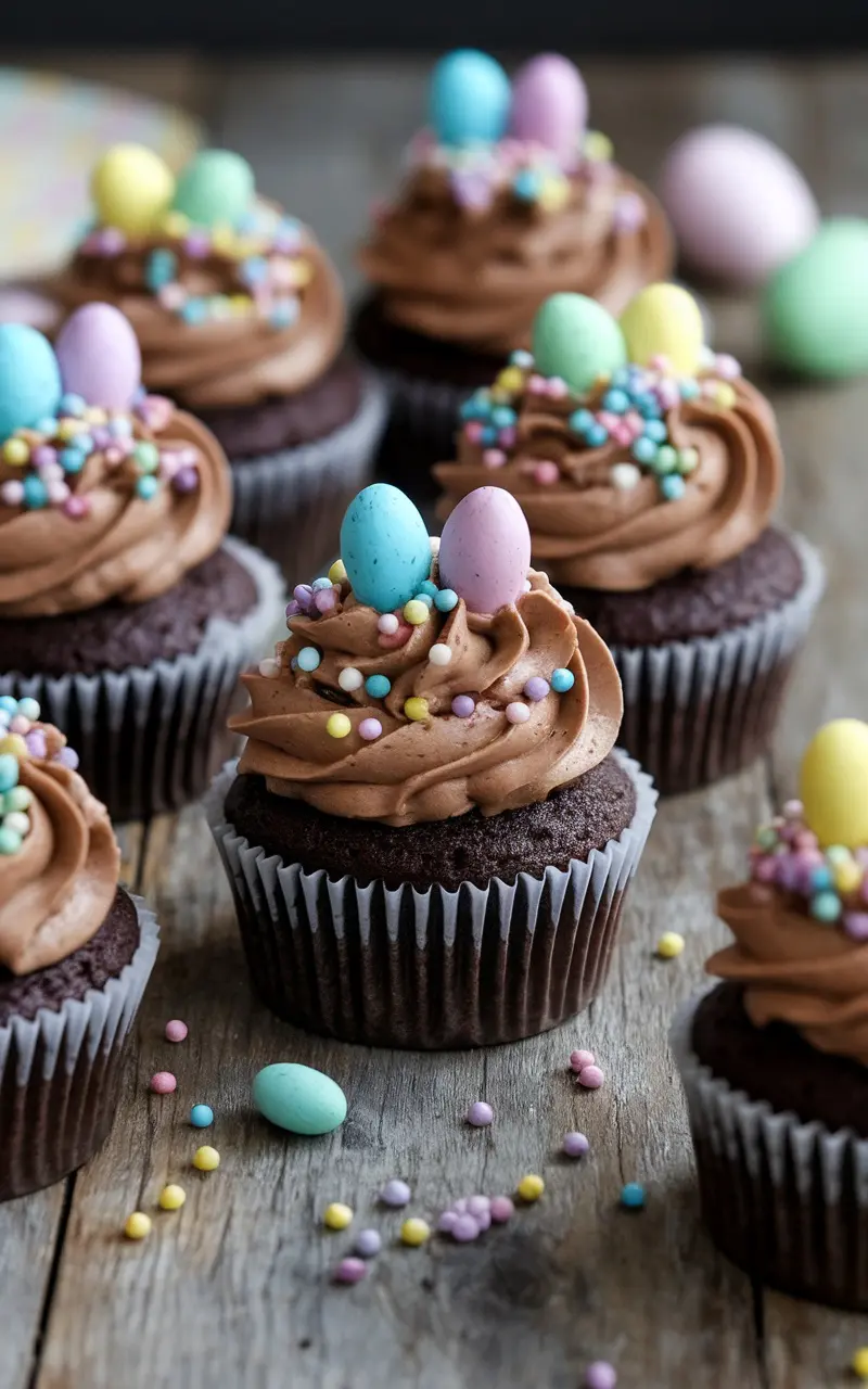 Keto chocolate cupcakes topped with frosting and Easter sprinkles, with chocolate chips and pastel eggs in the background.