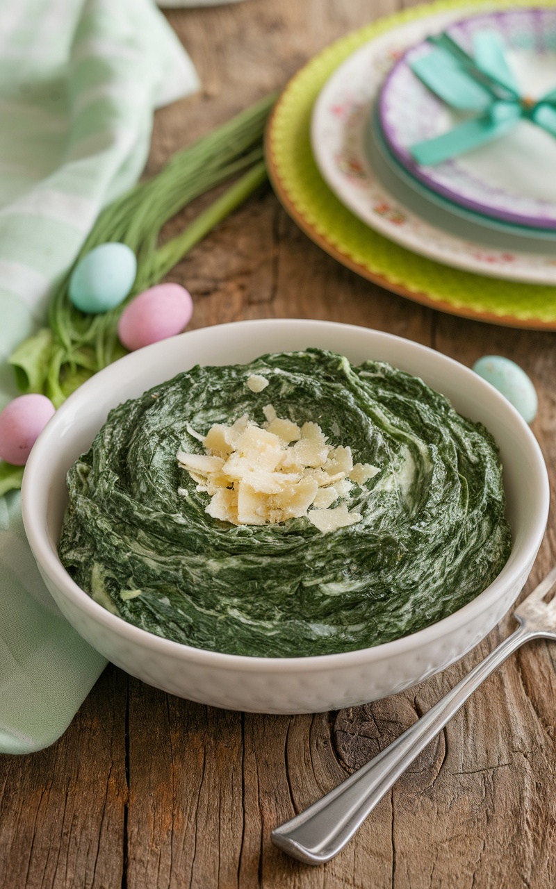 Creamy spinach dish garnished with Parmesan cheese on a rustic table.