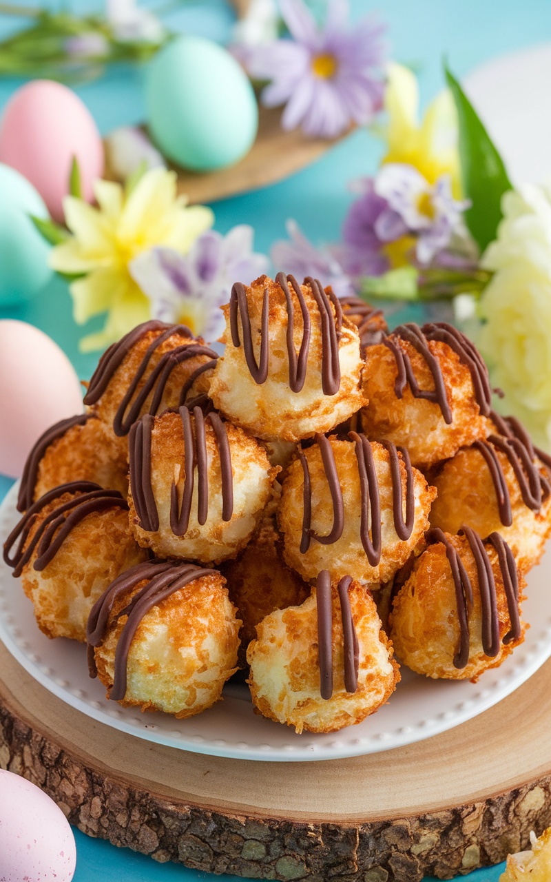 A plate of Keto Coconut Macaroons drizzled with chocolate, surrounded by Easter decorations.