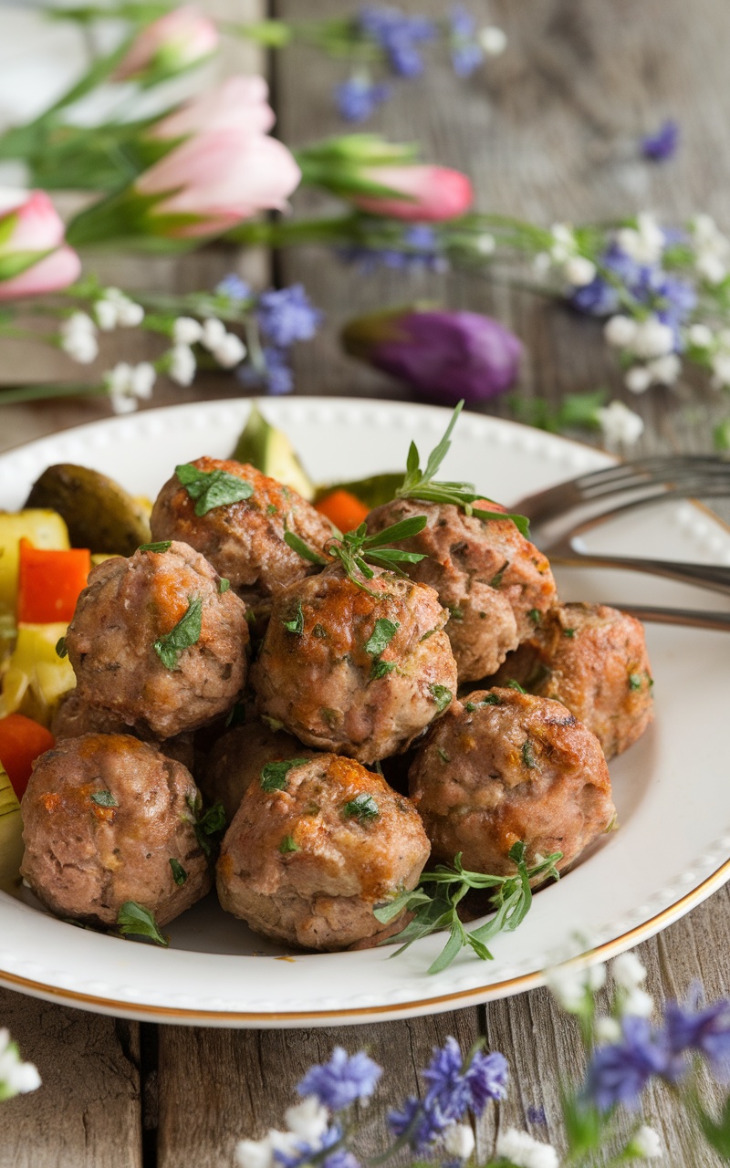 Keto lamb meatballs on a plate with fresh herbs and roasted vegetables.