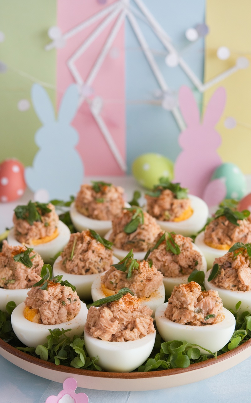 Platter of Keto Easter Tuna Stuffed Eggs with creamy filling, garnished with herbs and paprika.