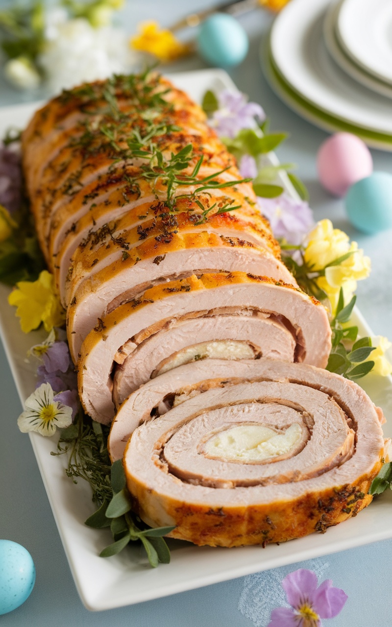 Sliced Keto Easter Turkey Roll on a platter, garnished with herbs, surrounded by Easter decorations.