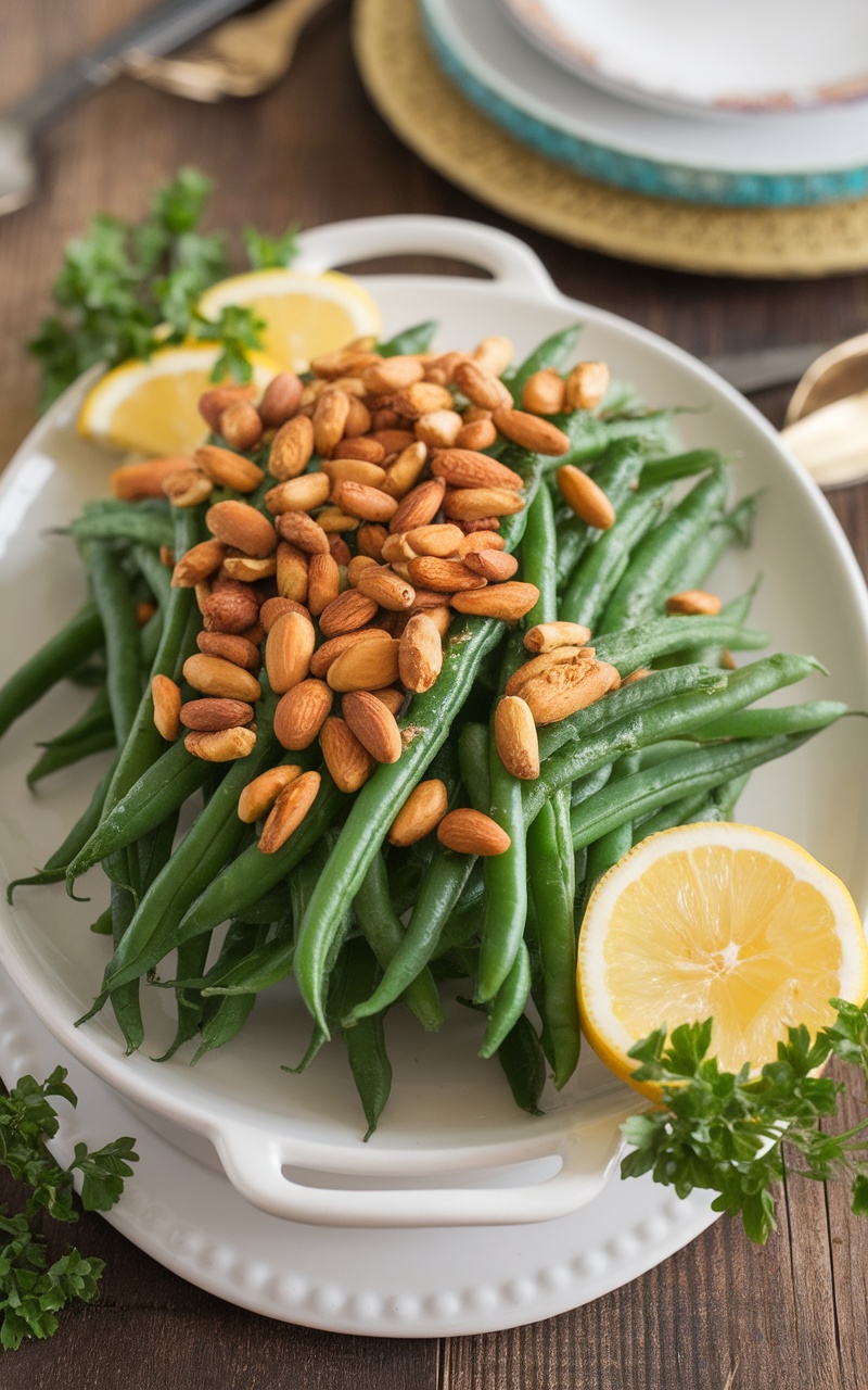 Vibrant green beans with toasted almonds on a white plate, garnished with parsley and lemon, on a rustic wooden table.