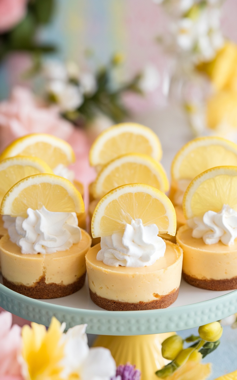 Keto-friendly lemon cheesecake cups with whipped cream and lemon garnish on a festive spring-themed plate.