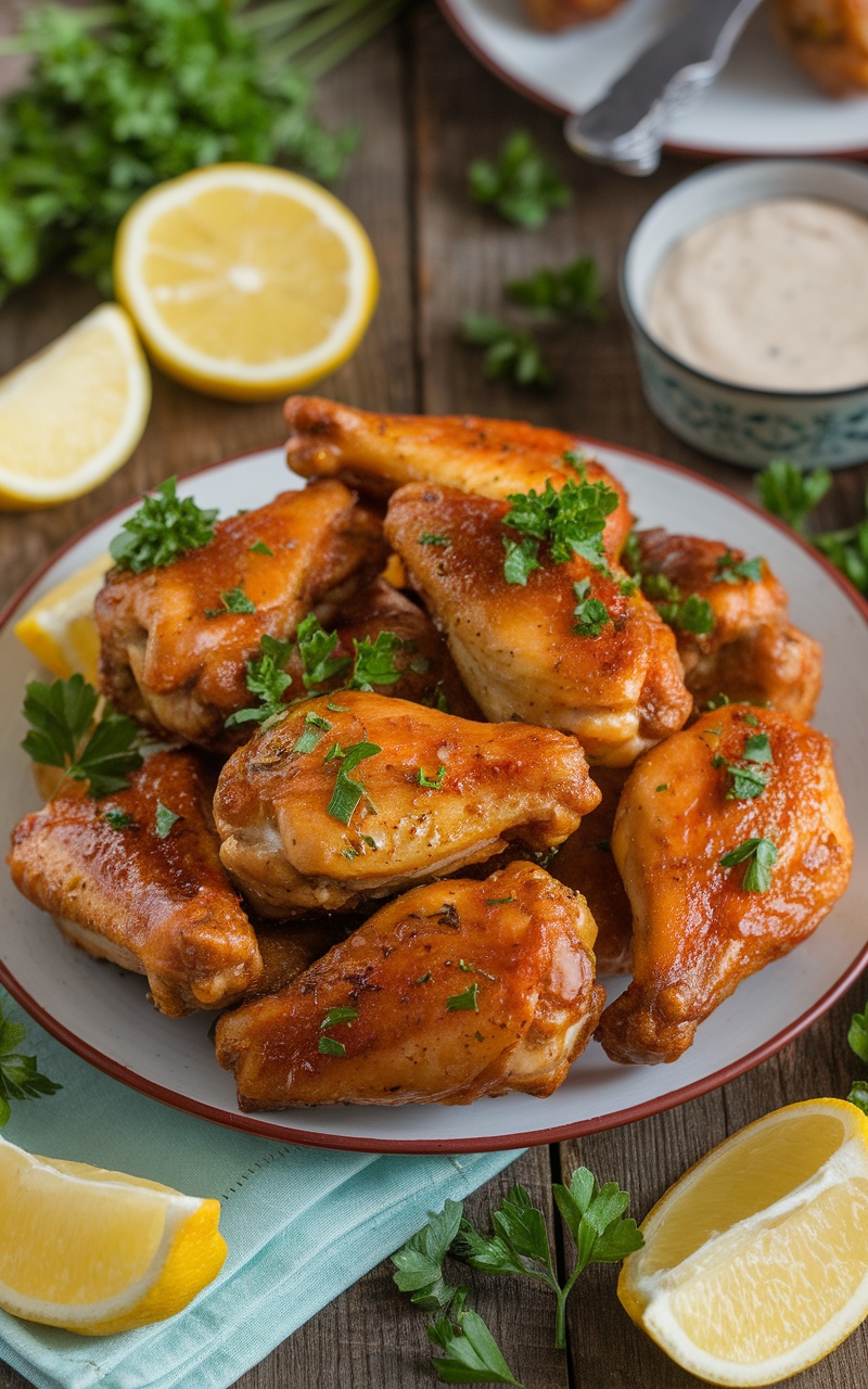 Golden lemon garlic chicken wings garnished with parsley on a rustic table.