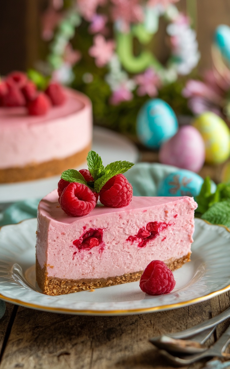 A slice of Keto Raspberry Cheesecake garnished with raspberries and mint on a white plate.