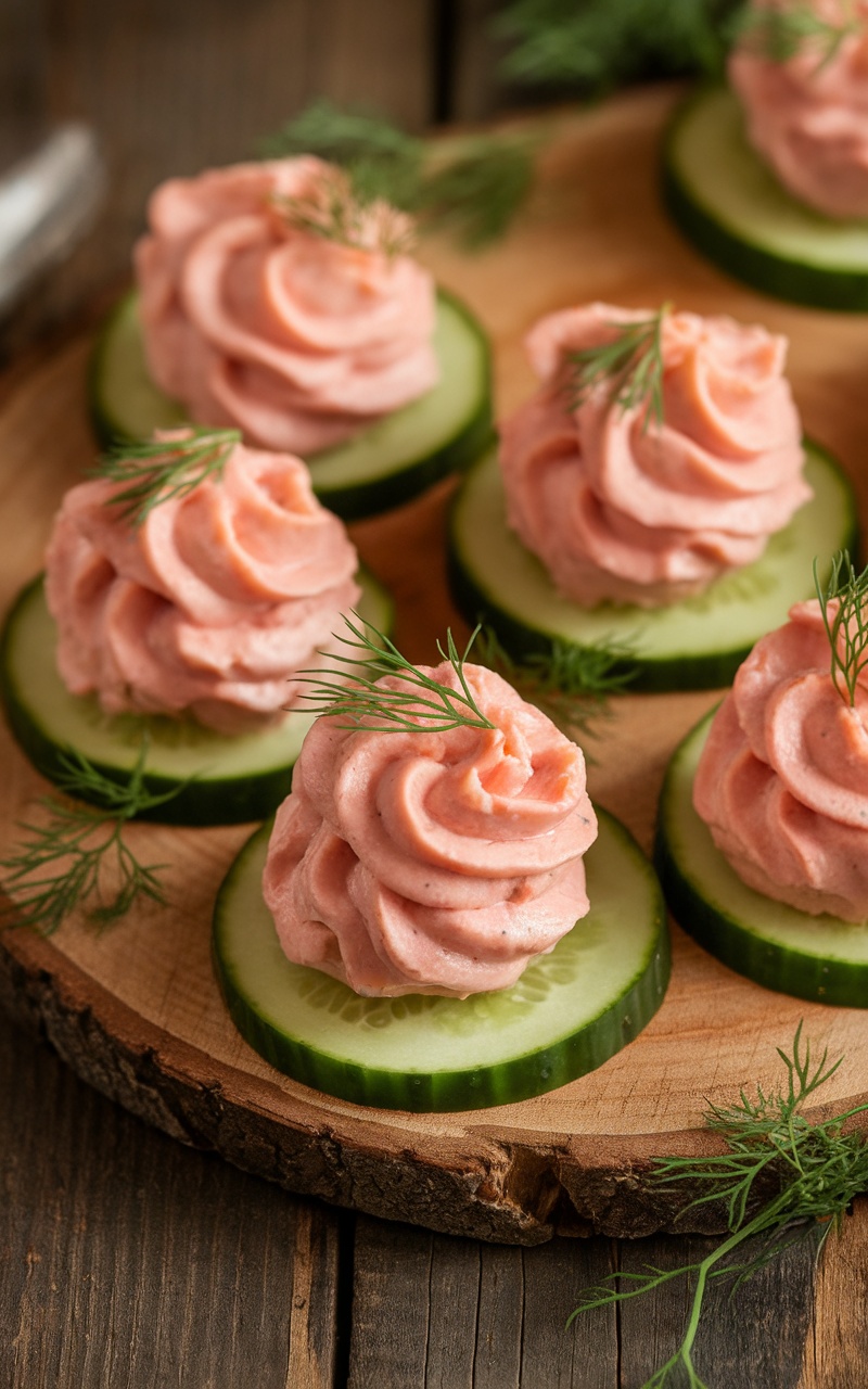 Gourmet keto salmon mousse bites on cucumber slices garnished with dill on a wooden platter.