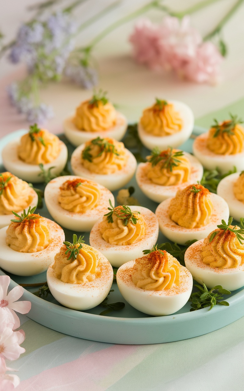 A colorful platter of Keto Deviled Eggs garnished with paprika and herbs, perfect for an Easter celebration.