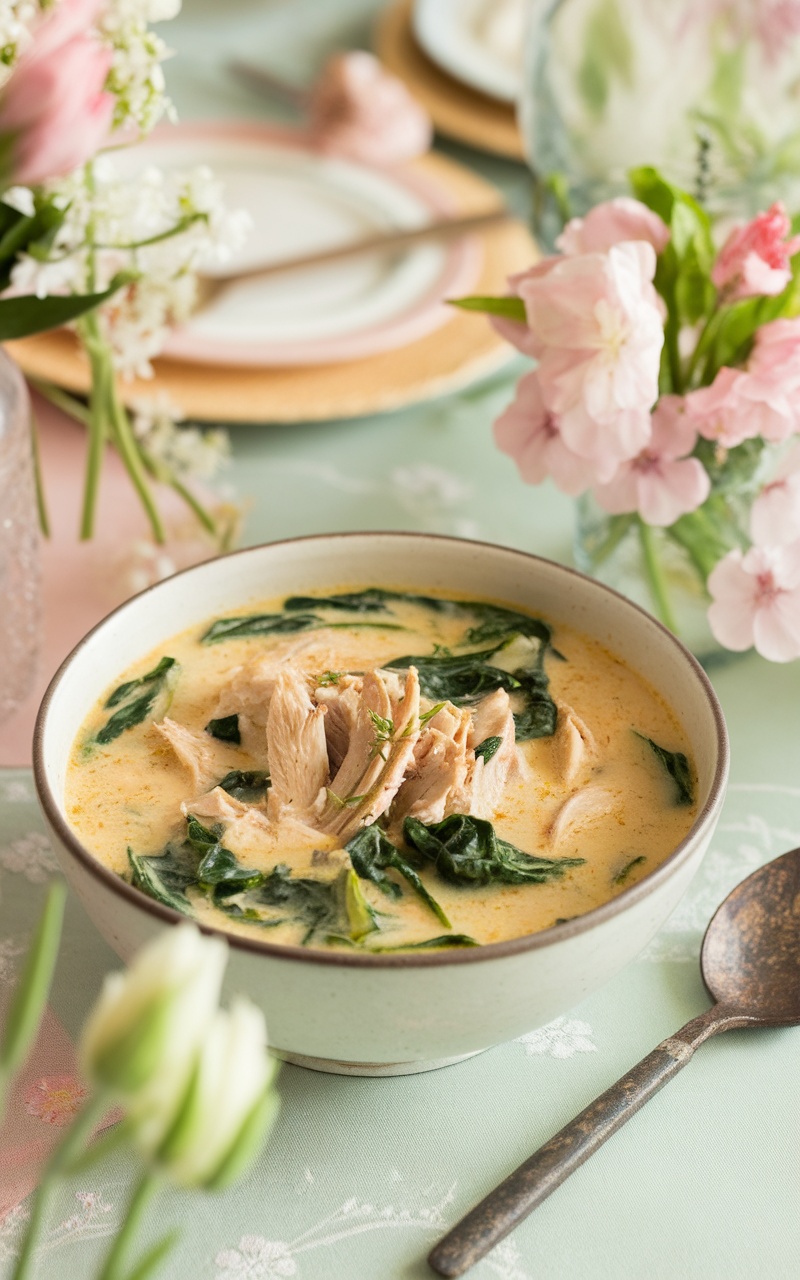 A bowl of creamy chicken soup with spinach and shredded chicken on an Easter-themed table.