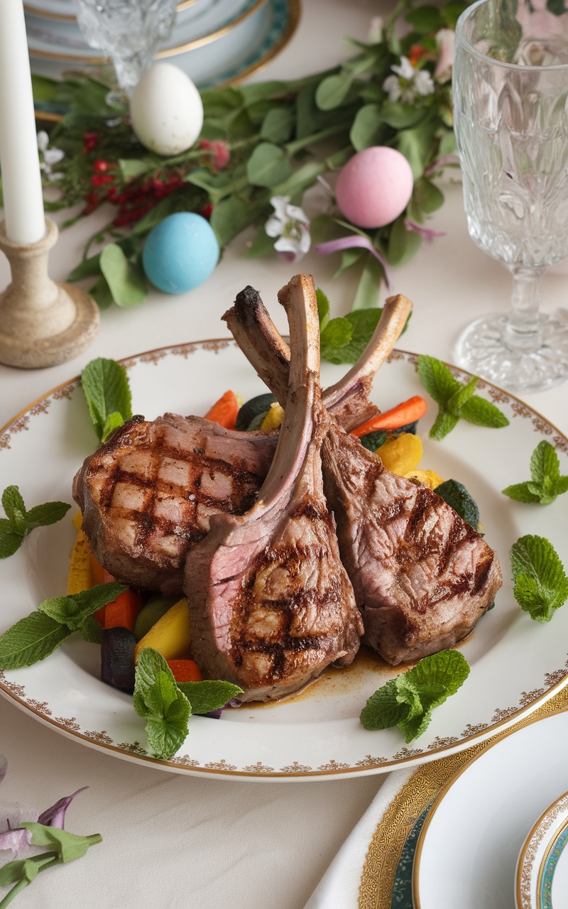 Grilled minted lamb chops served on an elegant plate with mint leaves and roasted vegetables.