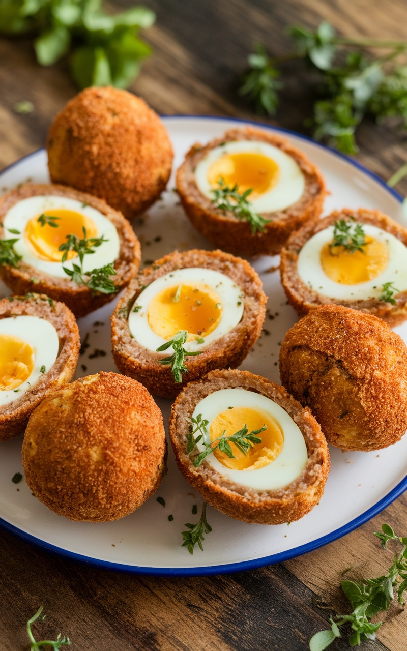 Keto Scotch Eggs on a platter, showcasing the crispy coating and egg filling, garnished with herbs.