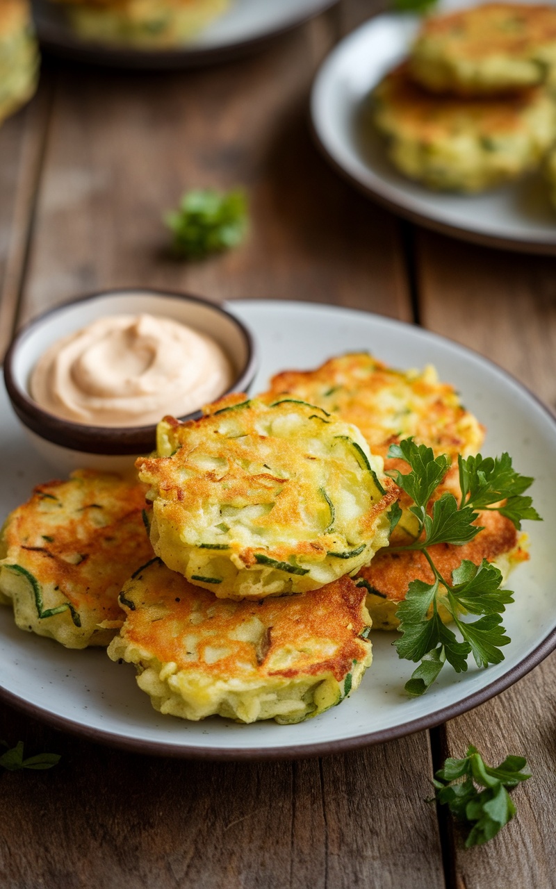 Crispy courgette fritters garnished with parsley on a rustic table with a bowl of dipping sauce.