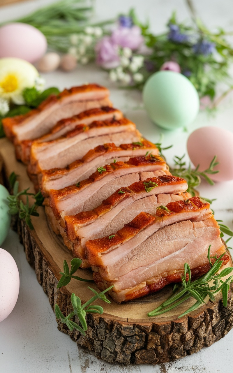 Crispy pork belly slices garnished with herbs on a rustic platter with Easter decorations.