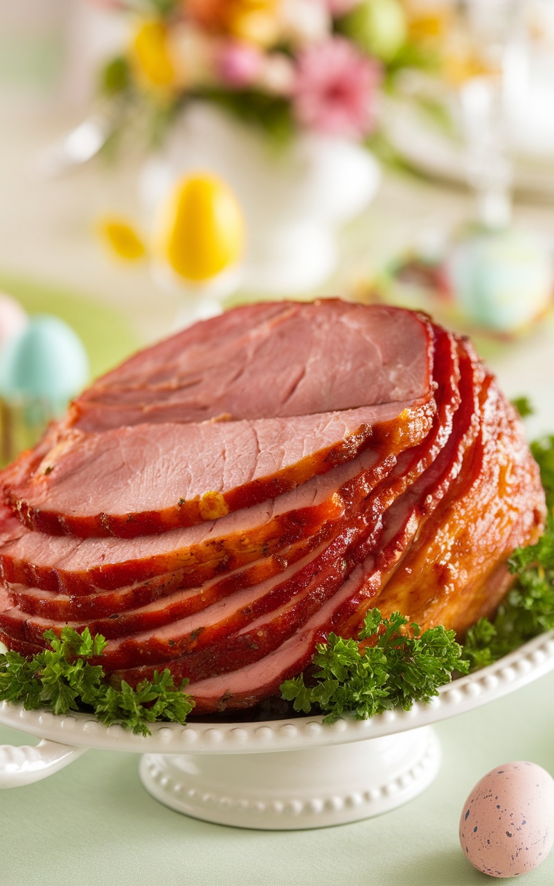 Keto Easter ham slices with mustard glaze on a white platter, garnished with parsley, surrounded by a festive Easter setting.