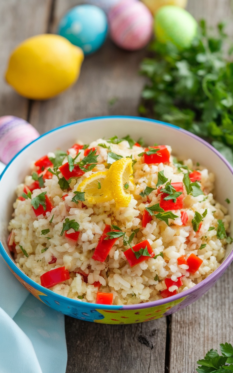 A vibrant bowl of keto-friendly cauliflower rice pilaf with peppers and herbs, decorated for Easter.