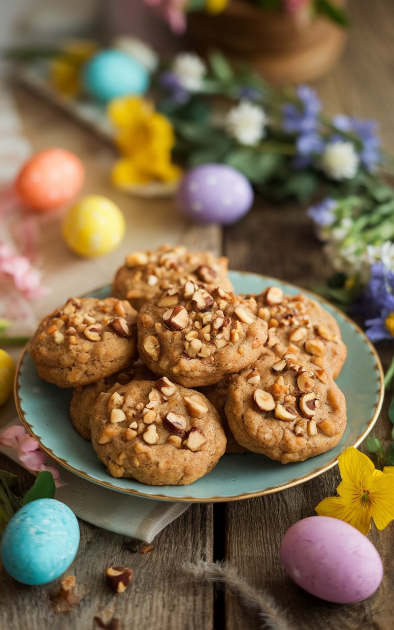 Keto hazelnut cookies on a rustic wooden table, decorated for Easter with colorful eggs and flowers.