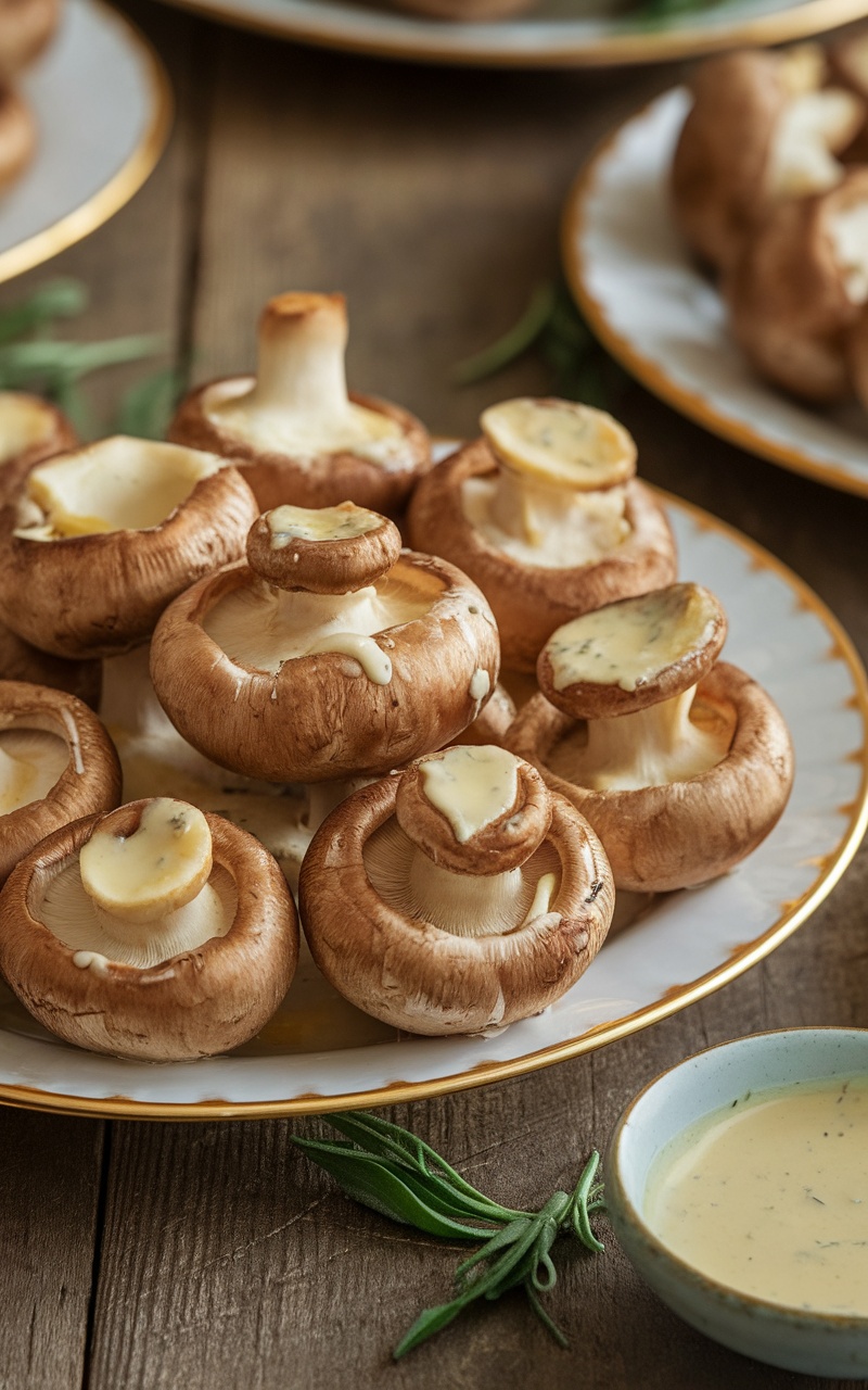 Garlic butter mushrooms garnished with parsley on a rustic table, perfect for Easter.