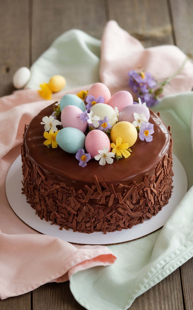 Keto chocolate sponge cake with chocolate ganache and Easter decorations, on a rustic wooden table.