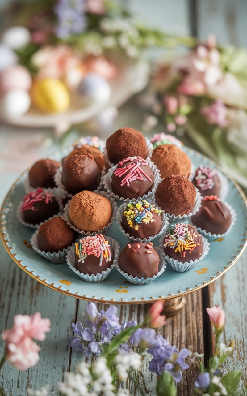 Keto chocolate truffles on a plate, some coated in cocoa powder and others in sprinkles, with Easter decorations in the background.