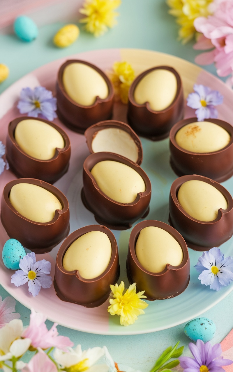 Keto Easter Crème Egg Fat Bombs on a pastel plate decorated for Easter.