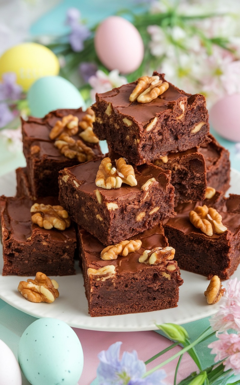 Delicious keto walnut brownies on a plate with chopped walnuts, set against an Easter-themed background.