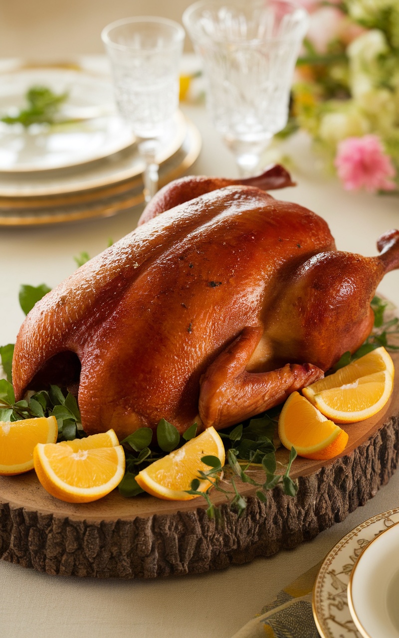 A roasted duck on a wooden platter, garnished with herbs and citrus, perfect for an elegant Easter dinner.