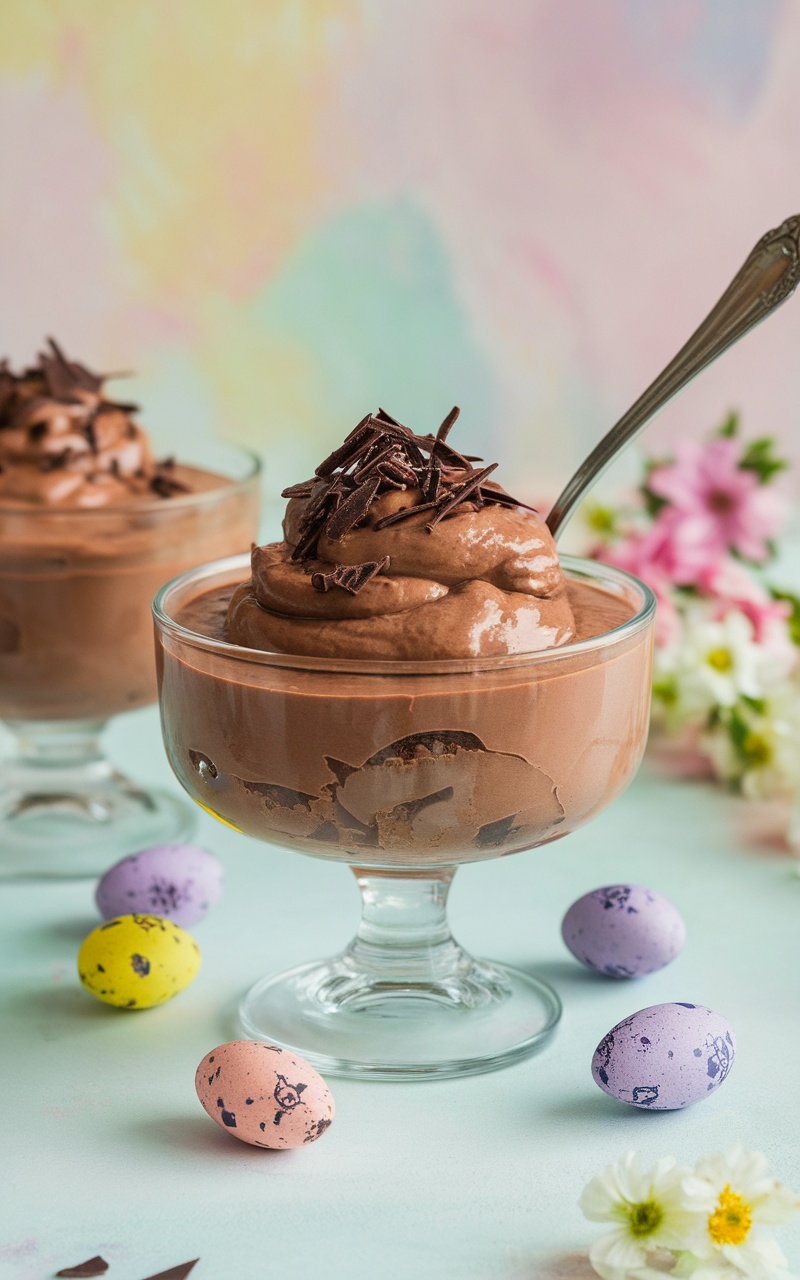 Delicious keto chocolate mousse in a bowl, garnished with chocolate shavings and surrounded by Easter decorations.