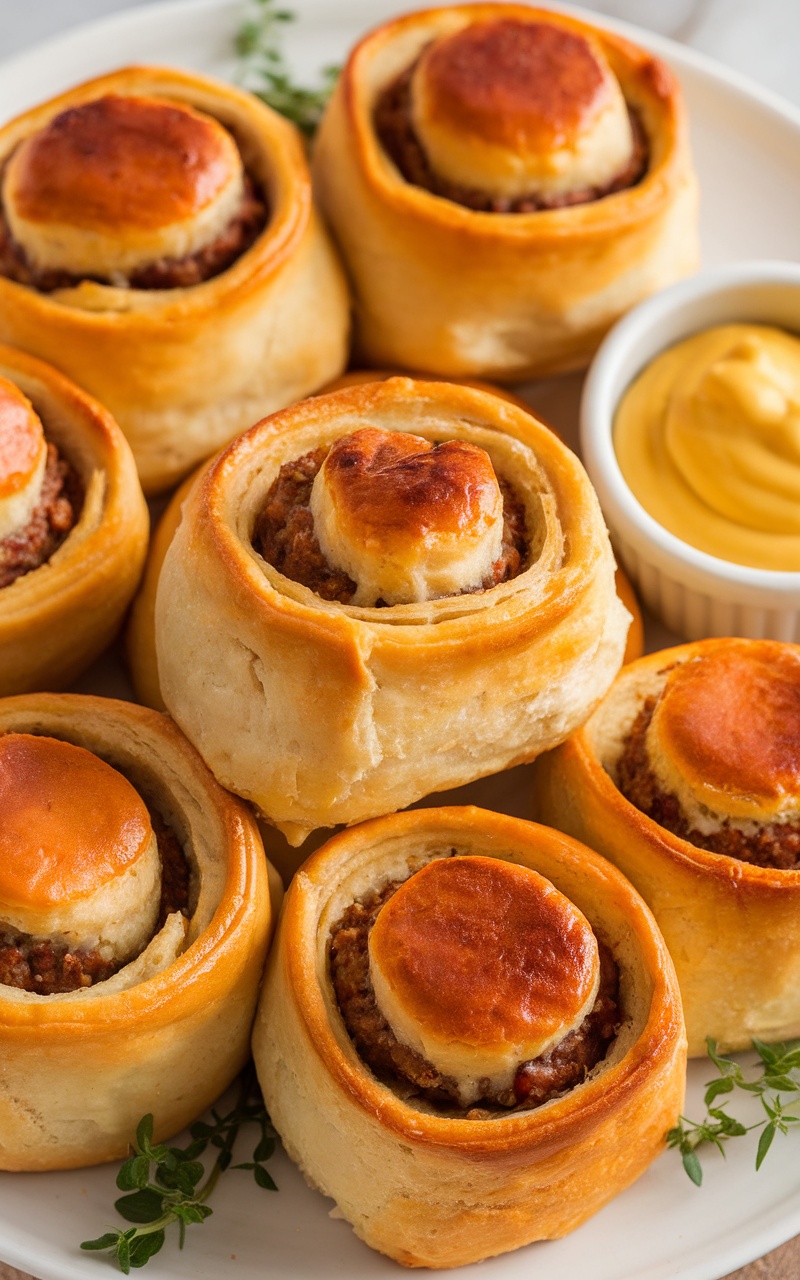 Delicious keto sausage rolls on a plate, served with mustard, garnished with herbs.