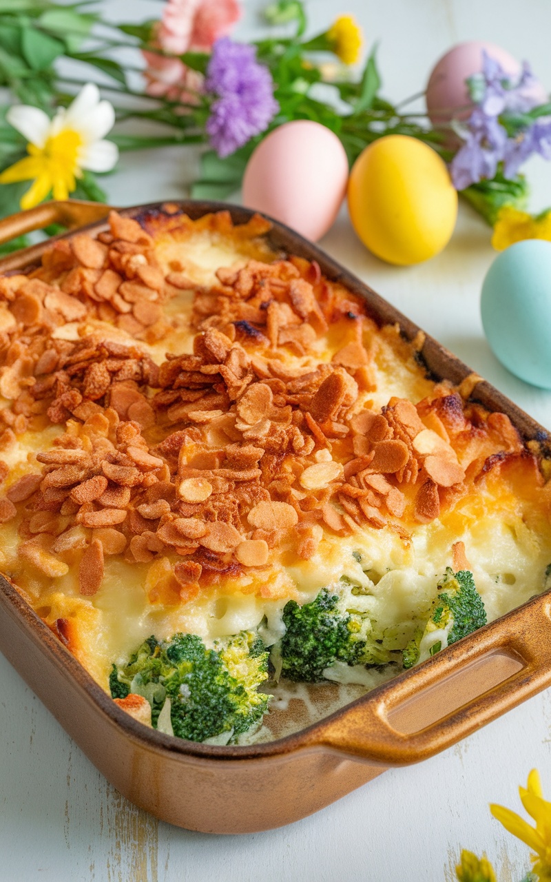 Cheesy keto broccoli gratin with almond flour topping, served in a rustic baking dish on an Easter table.