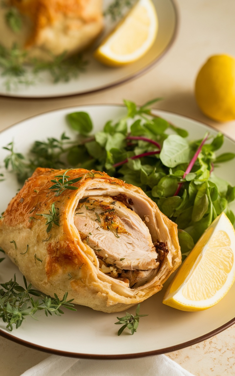 Keto Easter Chicken Parcel on a plate with a salad and lemon, showcasing the golden pastry.